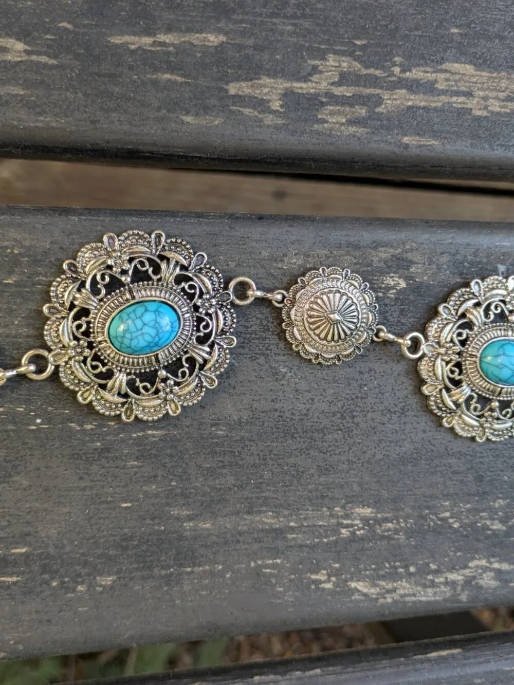 Southwest Style Boho Turqouoise Oval Concho Chain Belt-Adjustable Waist.